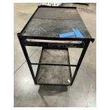 (3) work benches, metal w/wood top, all-wood table, black metal cart on casters. (1)stool w/metal frame