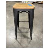 (3) work benches, metal w/wood top, all-wood table, black metal cart on casters. (1)stool w/metal frame