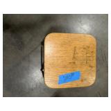 (3) work benches, metal w/wood top, all-wood table, black metal cart on casters. (1)stool w/metal frame