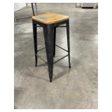 (3) work benches, metal w/wood top, all-wood table, black metal cart on casters. (1)stool w/metal frame