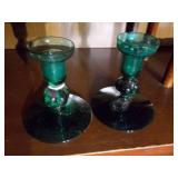 Green glass candle holders