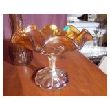 A&W? Brown jug, brown bud vase and carnival glass capote