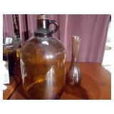 A&W? Brown jug, brown bud vase and carnival glass capote
