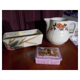 Water pitcher, small covered box and a flower planter