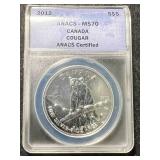 2012 CANADIAN COUGAR 1 TROY OZ .9999 FINE SILVER ANACS MS70