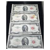 4 US RED SEAL $2 BILLS