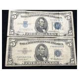 2 US BLUE SEAL $5 SILVER CERTIFICATES 1934A 1953A