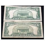 2 US BLUE SEAL $5 SILVER CERTIFICATES 1934A 1953A