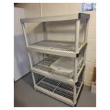 Gray Plastic 4-Shelf Storage Rack with Lidded Tub and PVC Tubes