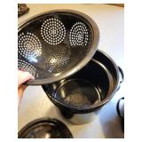 Collection of Graniteware Roaster, Steamer Pot with Inserts, Roasting Pan and Aluminum Baking Sheet