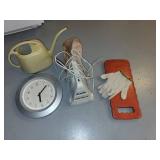 Household Utility Lot: Wall Clock, Watering Can, ReadiVac Power Brush Vac, Garden Kneeler, and Work Glove