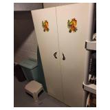 White Metal Storage Cabinet with Shelves and Fruit Design