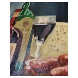 Framed Still Life Oil Painting with Wine, Cheese, and Sausage, 35x45cm