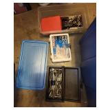 Garage Tool and Accessory Lot with First Aid Kit and Storage Bins