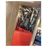 Garage Tool and Accessory Lot with First Aid Kit and Storage Bins