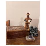 Lot of 3 Collectible Art Pieces: Wolf Original Soapstone, Amethyst Mine Panorama, and Cuba Drummer Sculpture