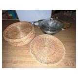 Set of 5 Wicker Bread Baskets and Glass Serving Dish with Metal Basket and Lid