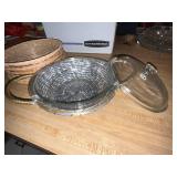 Set of 5 Wicker Bread Baskets and Glass Serving Dish with Metal Basket and Lid