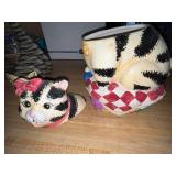 Cat Cookie Jar and Wooden Cat Napkin Holder Set