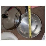 Kitchenware Collection: Glass Mixing Bowls, Farberware Saucepan, and Oval Serving Platter