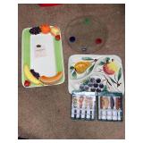 Fruit-Themed Ceramic Serving Platters with Boston Warehouse Cheese Spreaders and Glass Tray