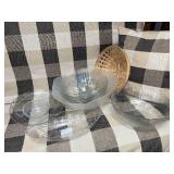Collection of Glass Serving Bowls and Platter with Woven Basket