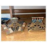 Pair of Vintage Brass Menorah Candle Holders with Lion and Tablet Motif