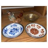 Decorative Plates and Figurines Collection including Porcelain, Glass, and Gold Leaf Bowl