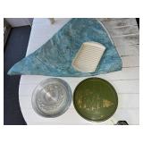 Assorted Kitchenware Lot Including Pyrex Pie Plates, Vintage South Dakota Tin, and Serving Dishes