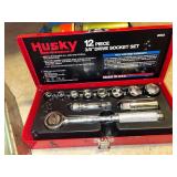 Collection of 3 Metal Toolboxes with Husky Socket Set, Propane Torch, and Assorted Hand Tools