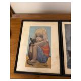 Pair of Margaret Keane Big Eyes Prints with Cats Framed 1962