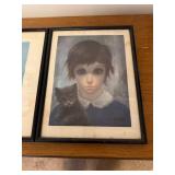 Pair of Margaret Keane Big Eyes Prints with Cats Framed 1962