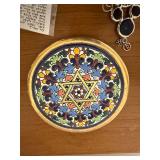 Set of Judaica Items with Star of David Wall Hanging, Ceramic Plaque, and Mezuzah with Scroll