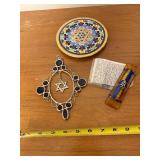 Set of Judaica Items with Star of David Wall Hanging, Ceramic Plaque, and Mezuzah with Scroll