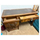 Vintage Solid Wood Desk with Drawers and Leather Top