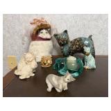 Collection of 7 Cat Figurines Including Ceramic, Resin, Glass, and Faux Fur