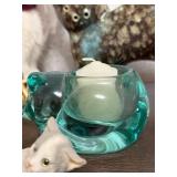 Collection of 7 Cat Figurines Including Ceramic, Resin, Glass, and Faux Fur