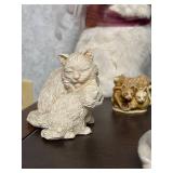 Collection of 7 Cat Figurines Including Ceramic, Resin, Glass, and Faux Fur