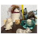Collection of 7 Cat Figurines Including Ceramic, Resin, Glass, and Faux Fur
