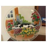 13-Inch Decorative Glass Plate with Cat and Garden Scene