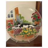 13-Inch Decorative Glass Plate with Cat and Garden Scene