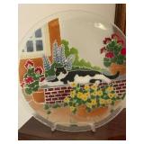 13-Inch Decorative Glass Plate with Cat and Garden Scene