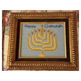 Framed Needlepoint Happy Chanukah Menorah Art and Shalom Wall Hanging