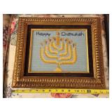 Framed Needlepoint Happy Chanukah Menorah Art and Shalom Wall Hanging