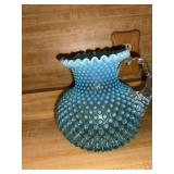 Blue Opalescent Hobnail Glass Pitcher with Clear Handle, 7 Inch Tall
