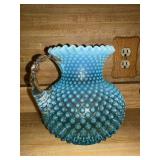 Blue Opalescent Hobnail Glass Pitcher with Clear Handle, 7 Inch Tall