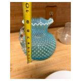 Blue Opalescent Hobnail Glass Pitcher with Clear Handle, 7 Inch Tall