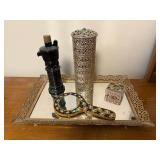 Vintage Vanity Set with Ornate Mirror Tray, Beaded Hand Mirror, and Accessories