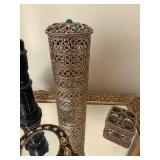 Vintage Vanity Set with Ornate Mirror Tray, Beaded Hand Mirror, and Accessories