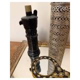 Vintage Vanity Set with Ornate Mirror Tray, Beaded Hand Mirror, and Accessories